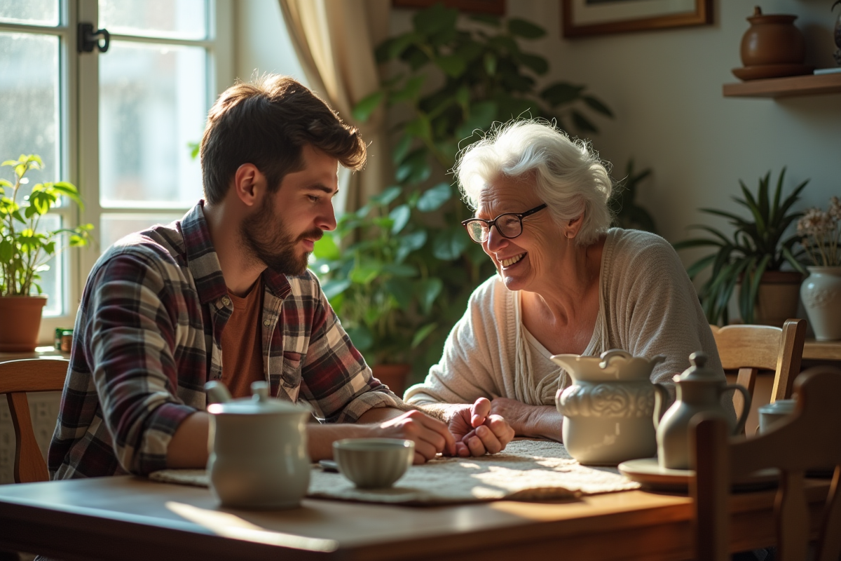 Jeune homme et femme âgée discutant d