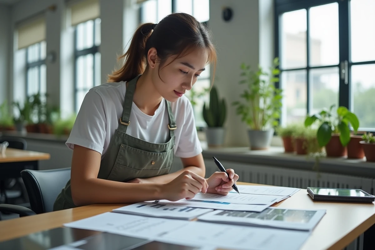 Jeune femme en bureau analysant echantillons de metal