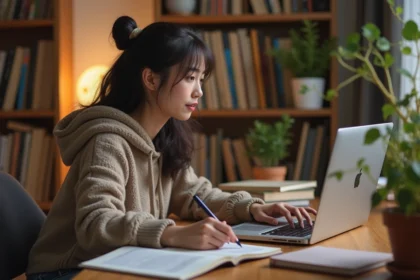 Jeune femme lisant manga sur son ordinateur dans une chambre cosy