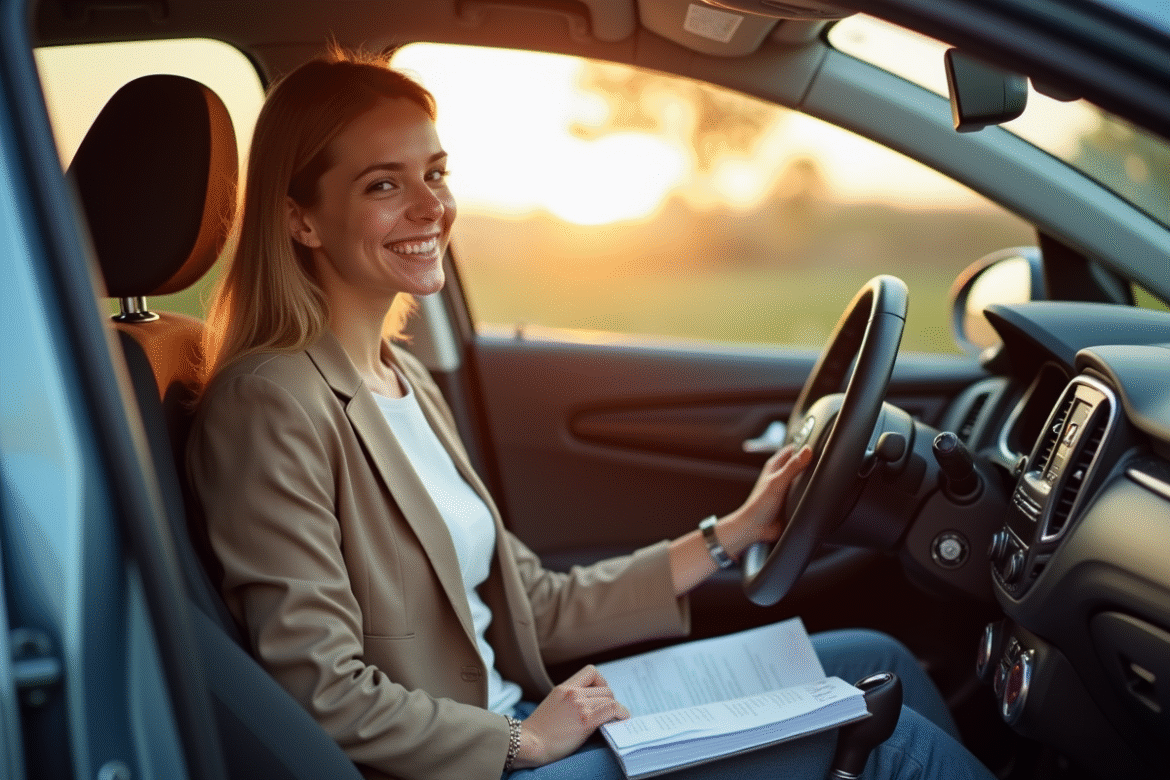 Jeune femme souriante au volant d'une voiture moderne avant l'examen