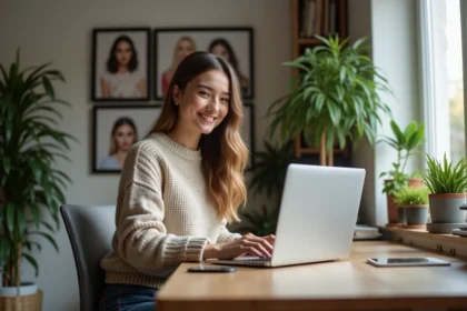 Jeune femme souriante utilisant un ordinateur portable dans un bureau lumineux