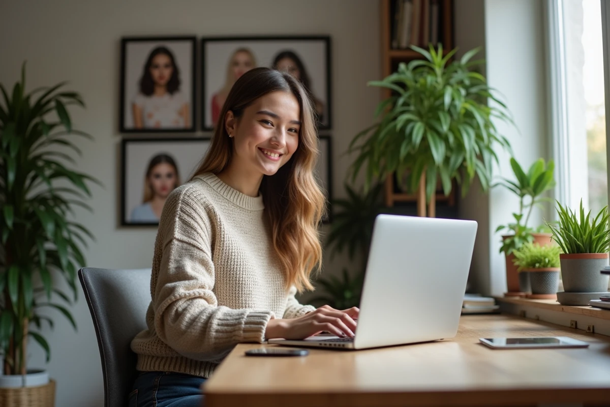 Jeune femme souriante utilisant un ordinateur portable dans un bureau lumineux