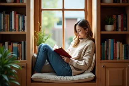 Jeune femme lisant dans un coin lecture chaleureux
