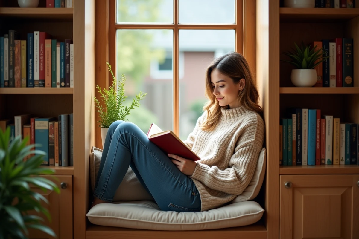 Jeune femme lisant dans un coin lecture chaleureux