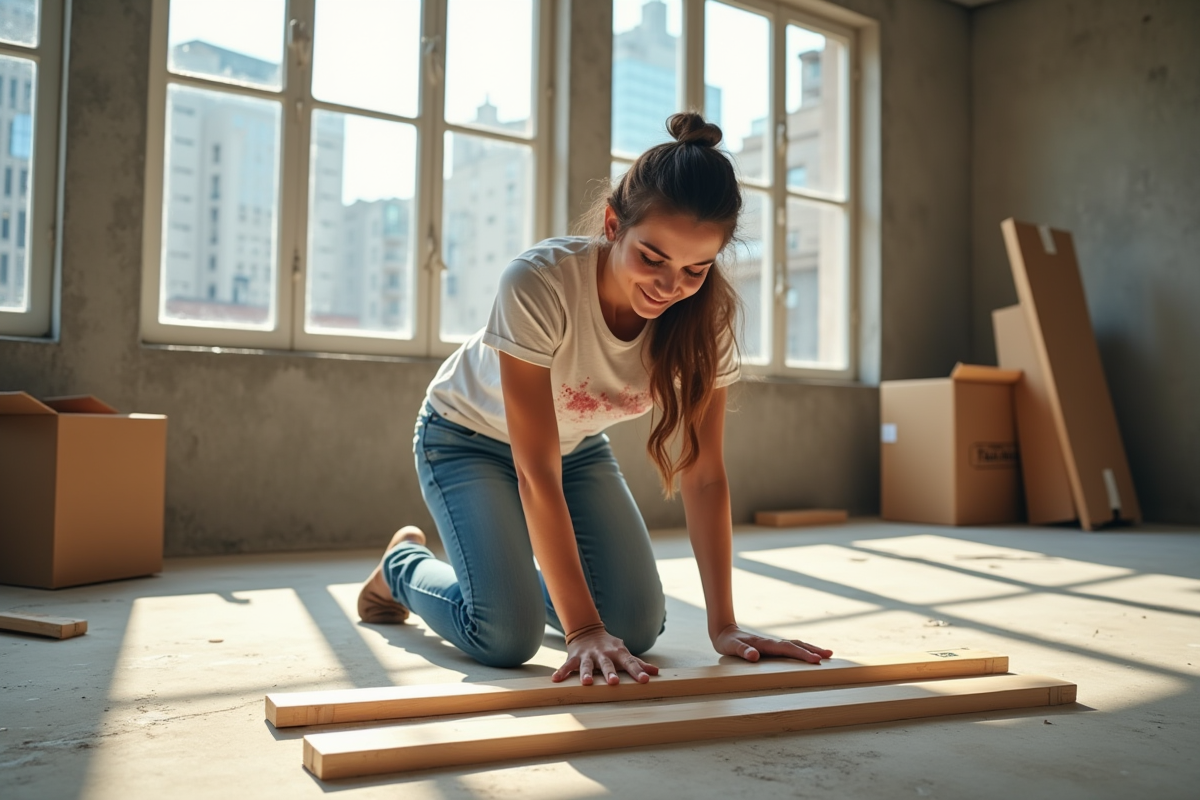 Jeune femme mesurant des planches dans un appartement en renovation