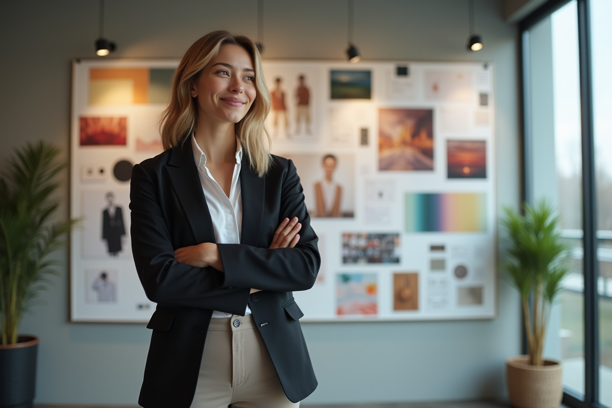 Jeune femme créative devant un moodboard coloré