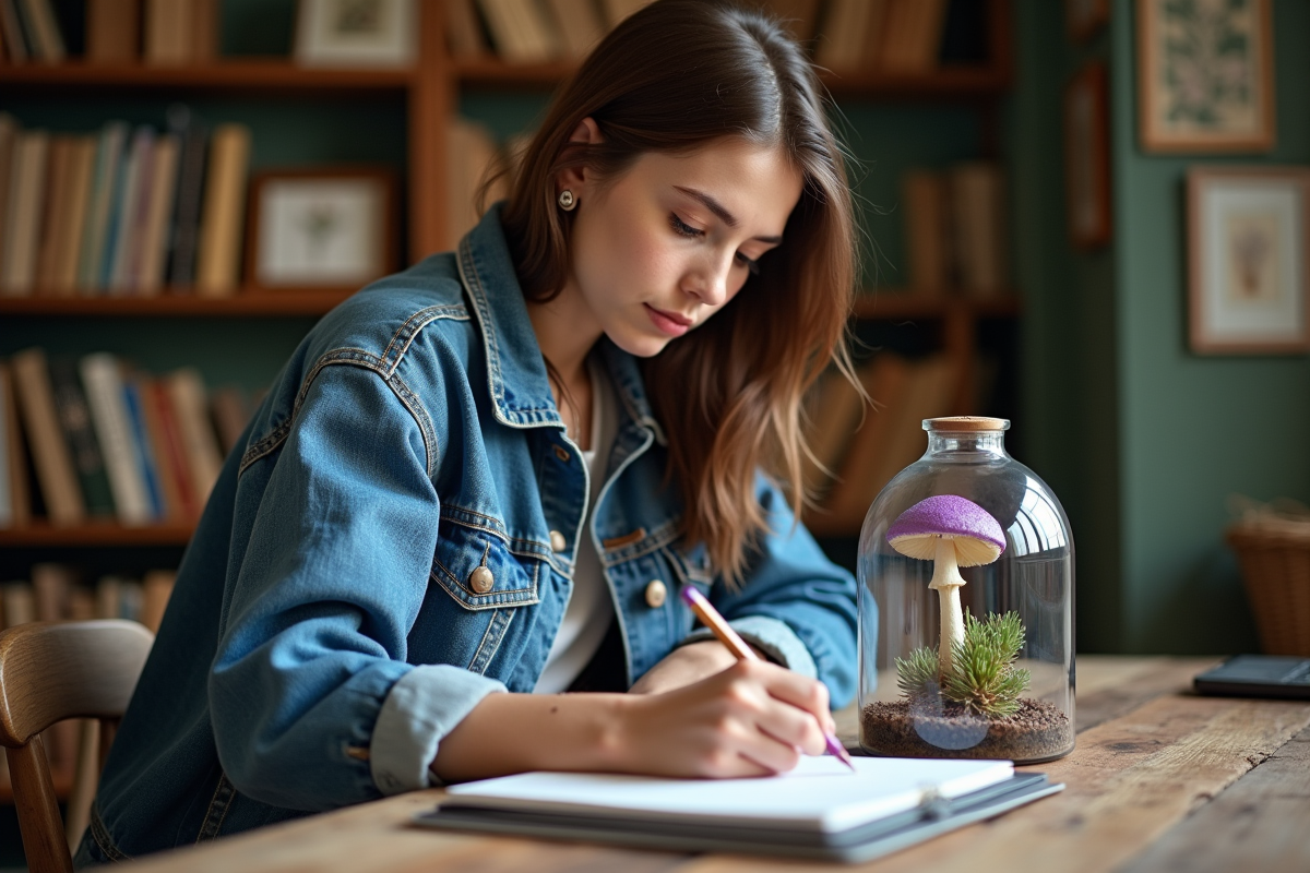 Jeune femme dessinant un champignon violet en intérieur