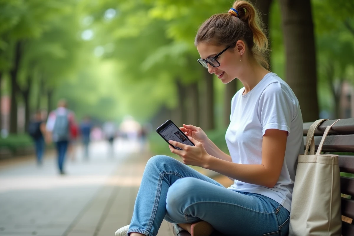 Jeune femme consultant un site d'information généraliste sur son smartphone dans un parc urbain