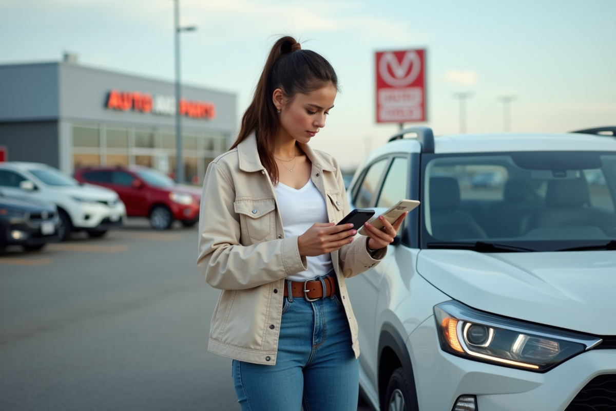 Jeune femme compare deux courroies auto avec son smartphone