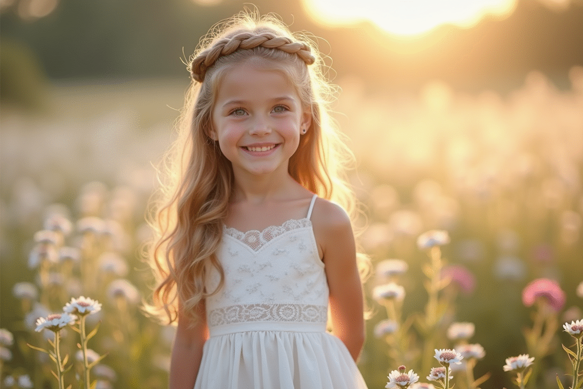 Jeune fille avec couronne tressée et robe blanche dans un jardin