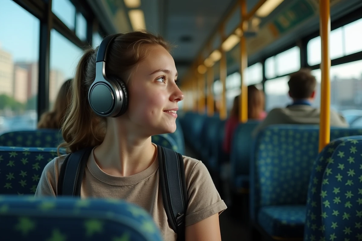 Adolescente assise dans un bus regardant par la fenêtre