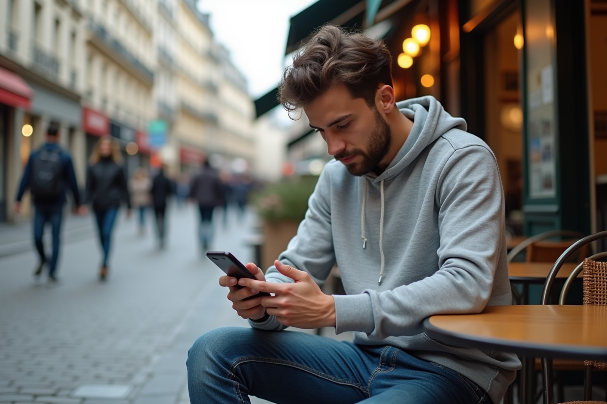 Jeune homme au café parisien utilisant son téléphone portable