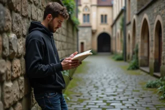 Jeune homme avec clé antique dans cour medievale