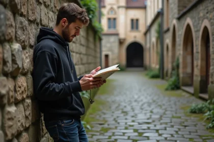Jeune homme avec clé antique dans cour medievale