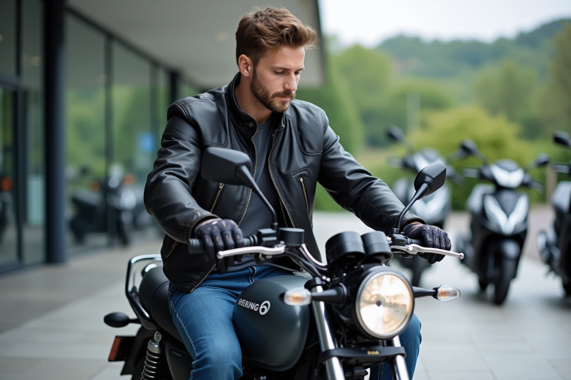 Jeune homme sur une moto 125cc dans un concessionnaire