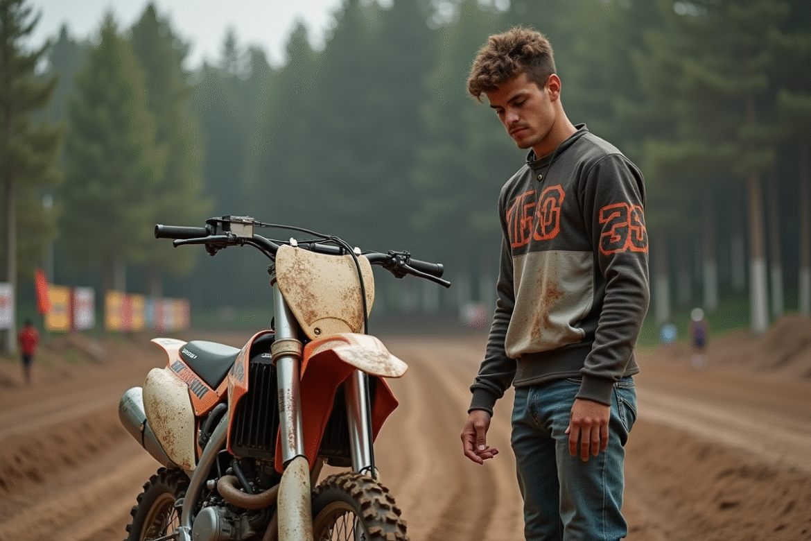 Jeune homme inspectant une moto tout-terrain 125cc en extérieur