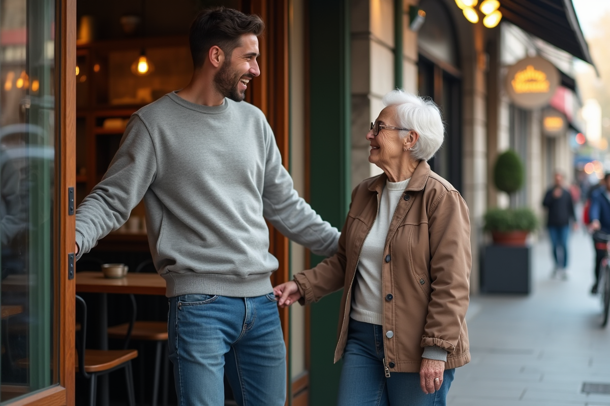 Jeune homme ouvre une porte de café à une femme âgée