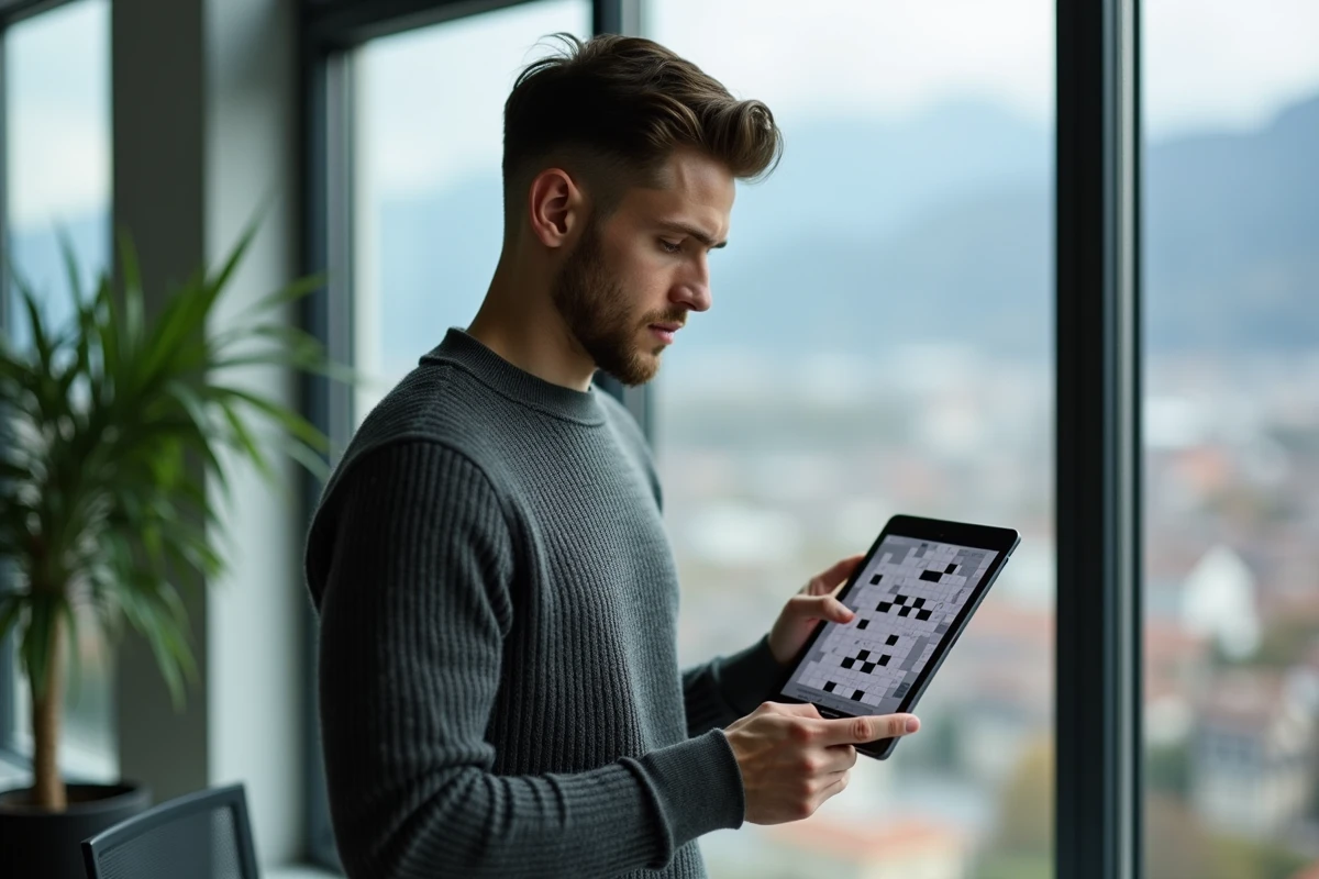 Jeune homme regardant un puzzle suisse sur sa tablette dans un bureau moderne