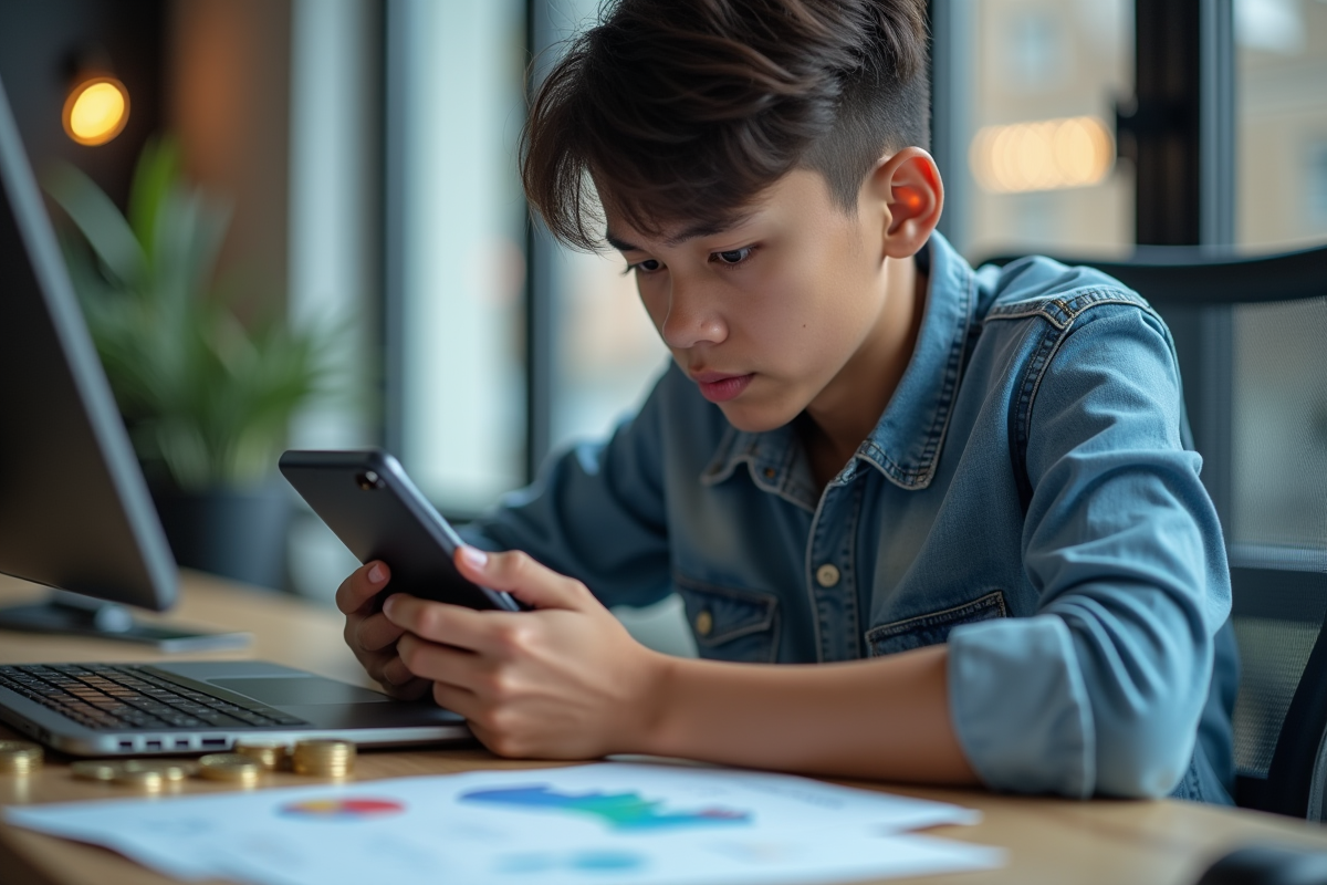 Jeune personne inquiète vérifiant la valeur des cryptomonnaies sur smartphone