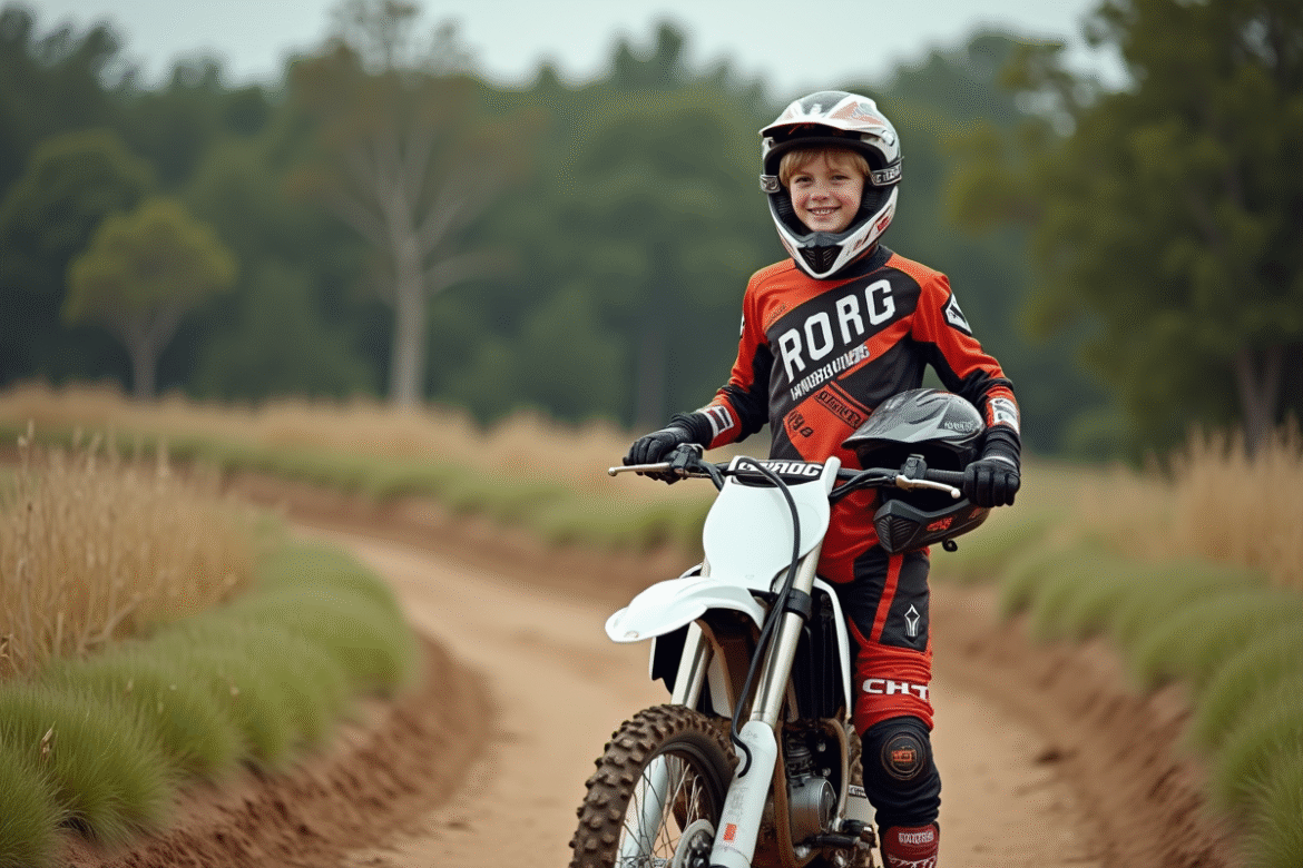 Jeune garçon de motocross avec vélo 50cc et casque