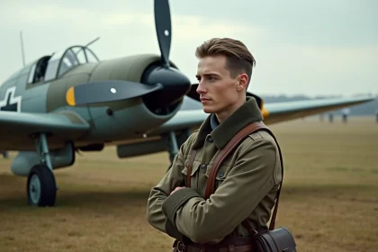 Jeune pilote allemand en uniforme près d’un Bf 109 G
