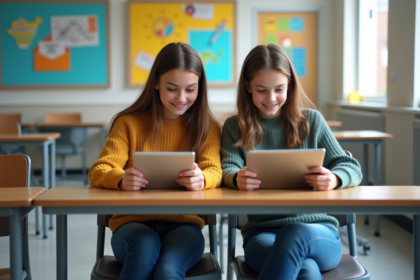 Deux adolescents souriants utilisent des tablettes en classe
