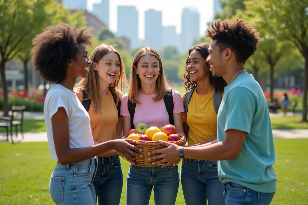 Jeunes divers partageant un panier de fruits dans un parc