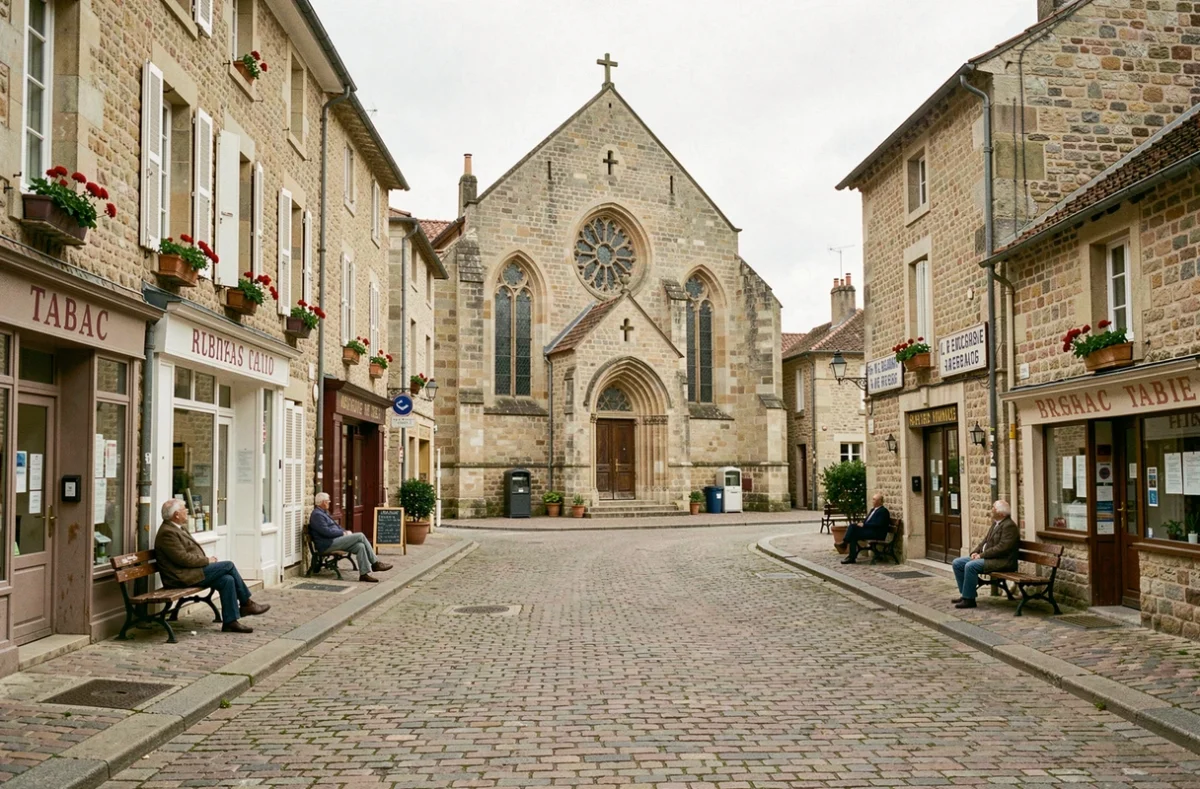 Place centrale de Joigny dans l'Yonne avec église médiévale et habitants âgés, illustrant une petite ville au faible score de dangerosité