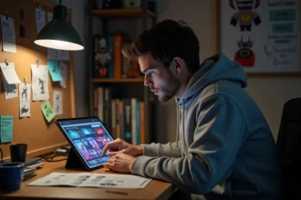 Joueur adulte analysant des fuites et rumeurs sur Pokémon 2026 sur une tablette dans un bureau gaming