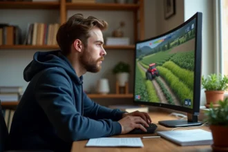 Jeune homme concentré jouant à Simagri France 3 sur un ordinateur de bureau dans un bureau à domicile