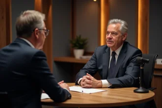 Journaliste en studio radio interviewant une leader politique