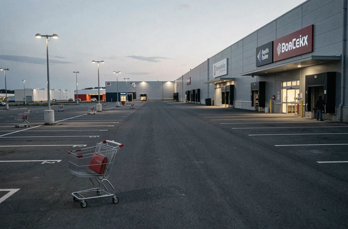 Zone commerciale de La Verpillière en Isère avec parking vide et grande surface au crépuscule, illustrant la délinquance d'opportunité