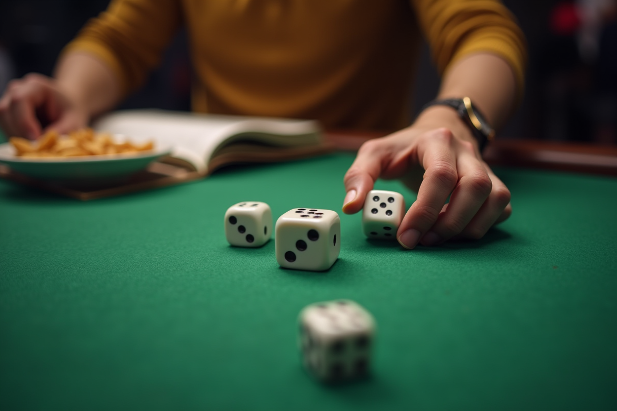 Mains lançant trois dés pour le jeu 421 sur une surface verte