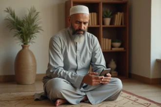 Homme lisant le Coran sur une application mobile, assis sur un tapis de prière dans un intérieur islamique traditionnel