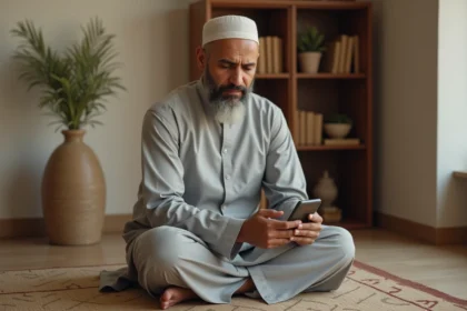 Homme lisant le Coran sur une application mobile, assis sur un tapis de prière dans un intérieur islamique traditionnel