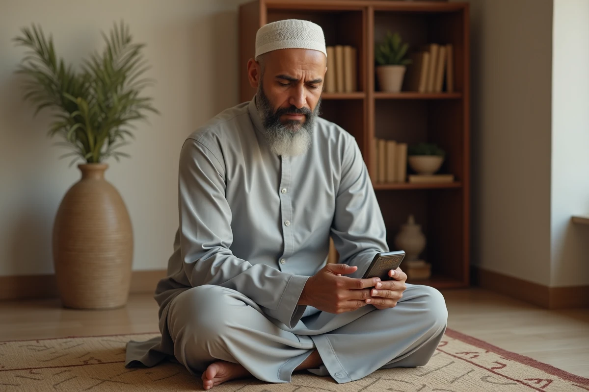 Homme lisant le Coran sur une application mobile, assis sur un tapis de prière dans un intérieur islamique traditionnel