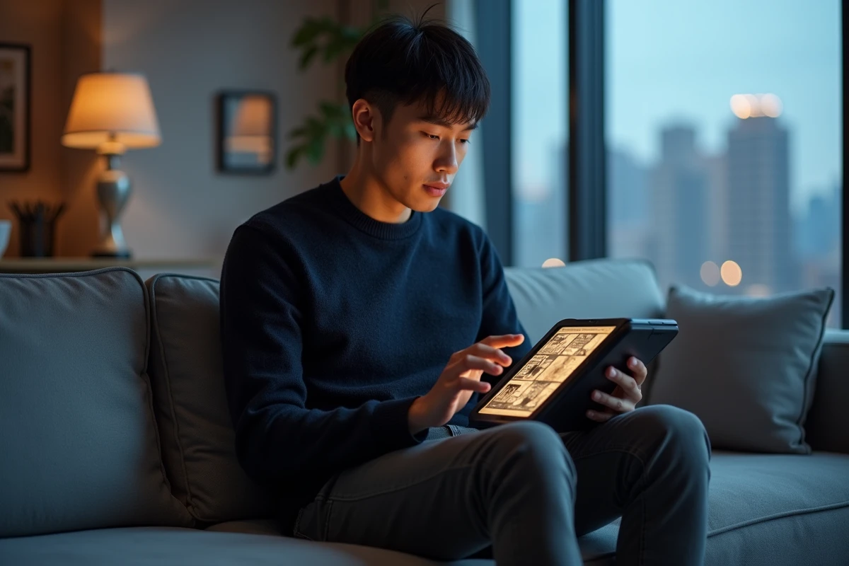 Jeune homme lisant un manga en ligne sur tablette dans un appartement moderne, illustration de la lecture numérique légale de manga