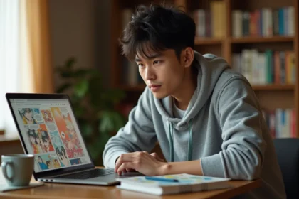 Jeune homme lisant des scans de manga One Piece gratuitement sur son ordinateur portable dans un appartement