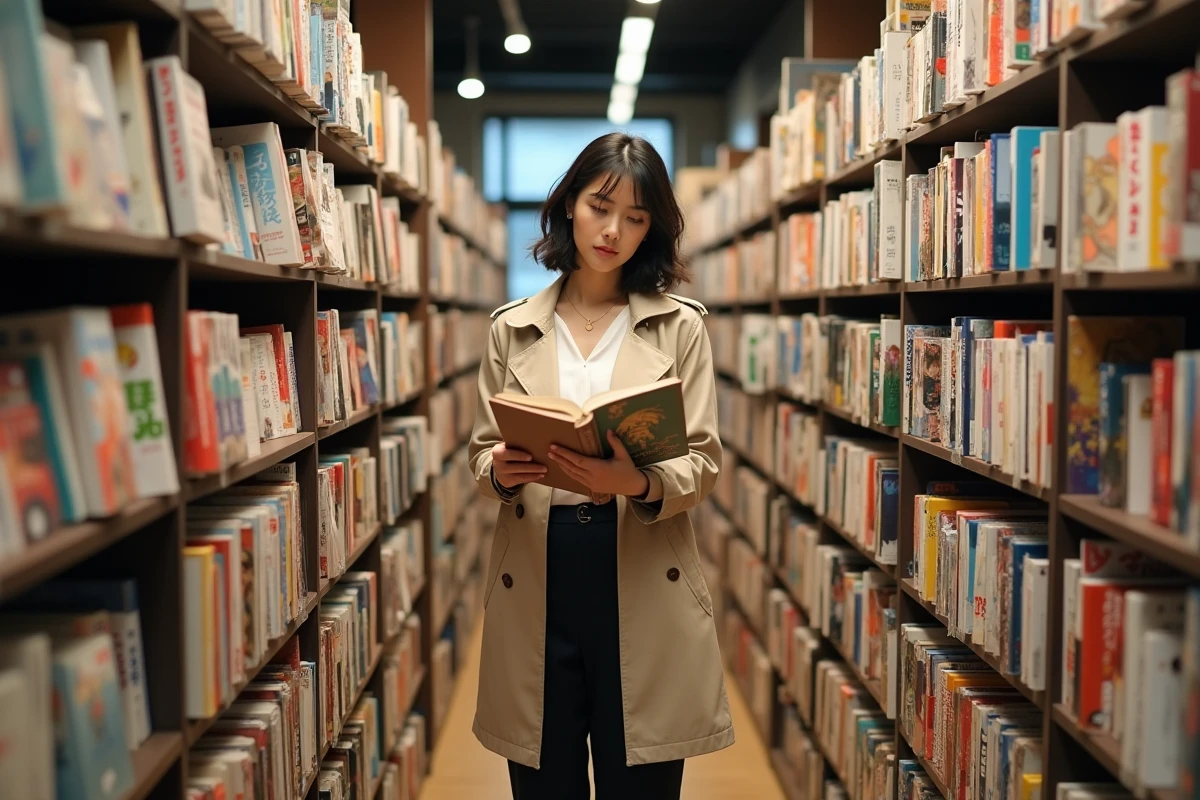 Femme feuilletant un manga dans une librairie spécialisée, rayons remplis de volumes manga dont les titres incluent des mangas de fantasy