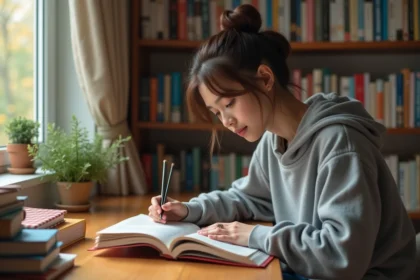 Jeune femme lisant un manga en français à son bureau, entourée de volumes manga empilés dans un coin lecture cosy