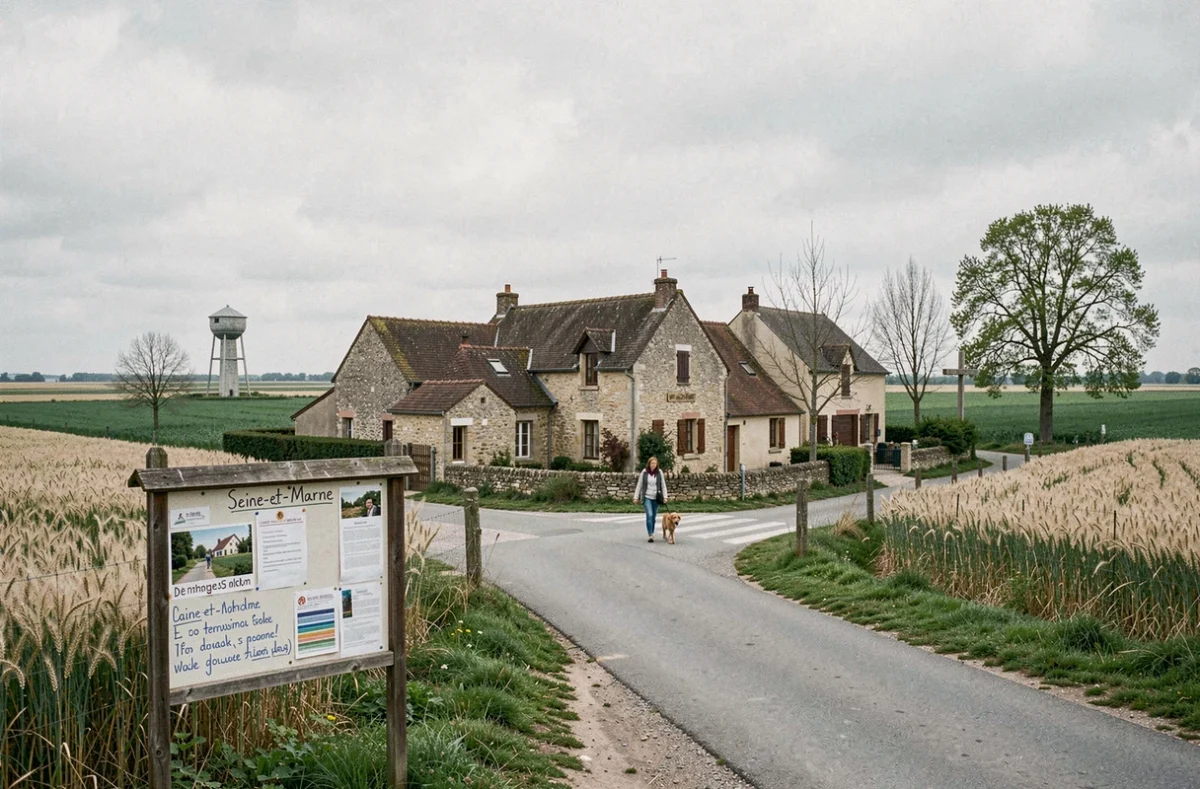 Minuscule village de Lissy en Seine-et-Marne avec maisons isolées et panneau communautaire, illustrant le phénomène macro-taux dans une micro-commune
