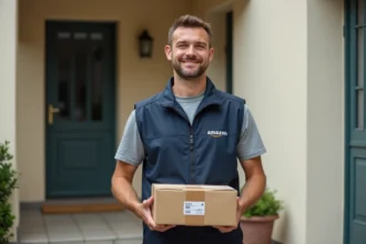 Livreur Amazon en uniforme tenant un colis devant une porte d'entrée de maison en France