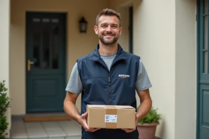 Livreur Amazon en uniforme tenant un colis devant une porte d'entrée de maison en France