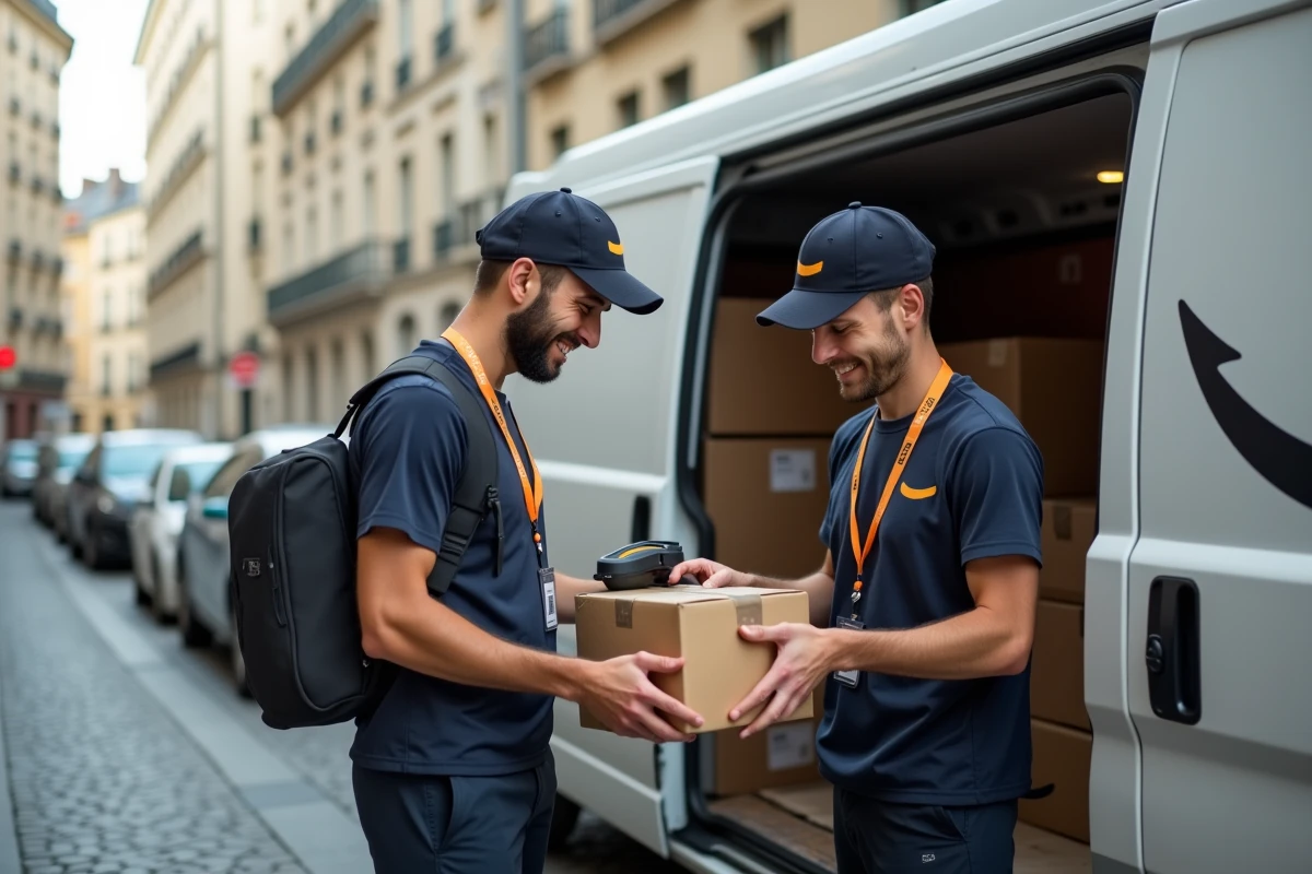 Deux livreurs Amazon en uniforme identifiant des colis près d'un camion de livraison dans une rue française
