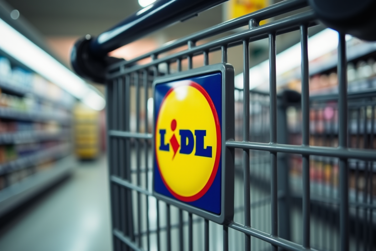 Détail du logo Lidl sur un panier de courses en intérieur