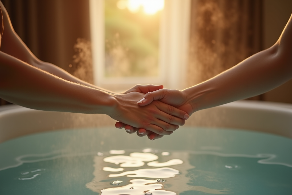 Mains d un couple touchant l eau dans un jacuzzi de luxe