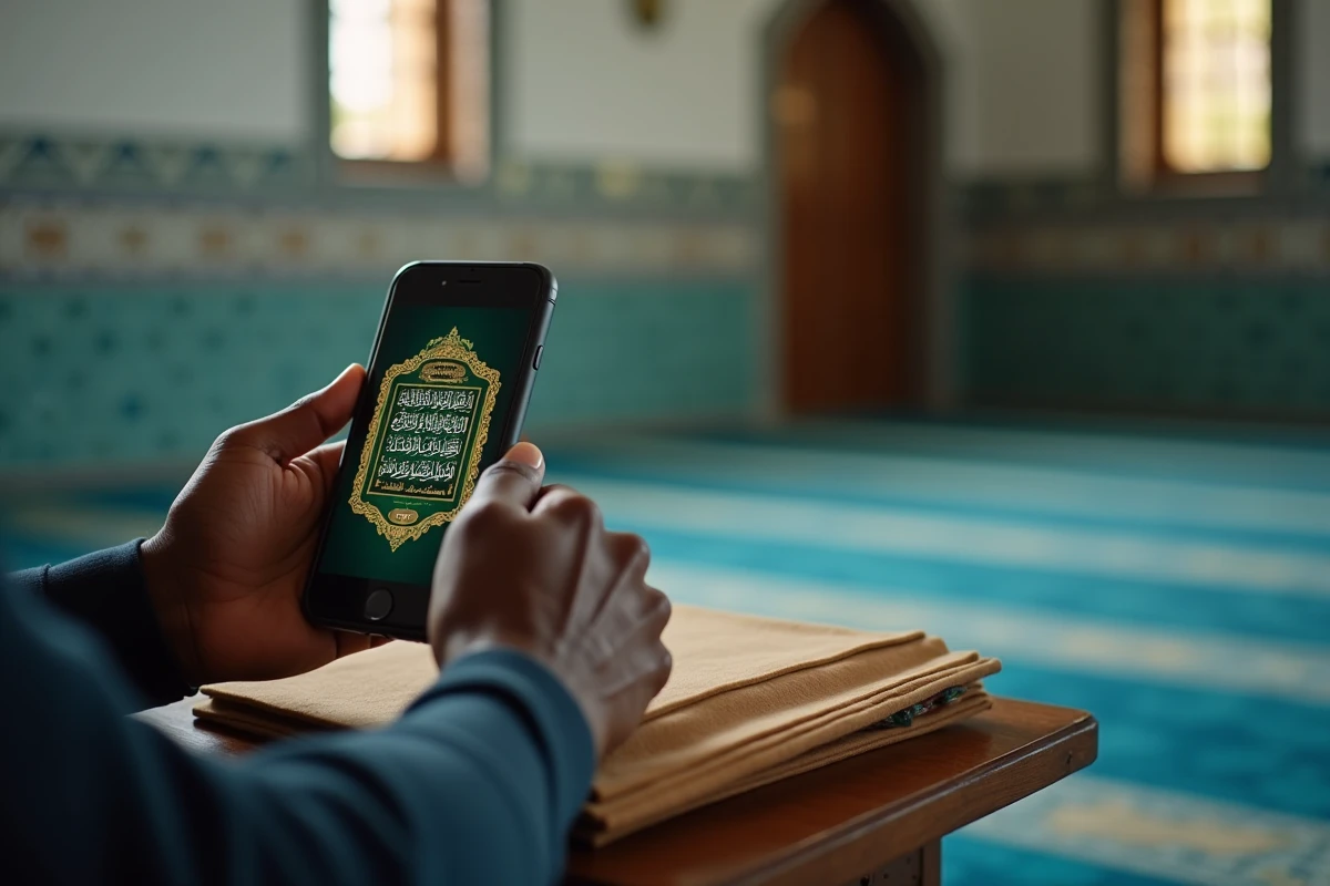 Mains tenant un smartphone avec une application Coran dans une mosquée, illustration de la lecture numérique sans ablutions