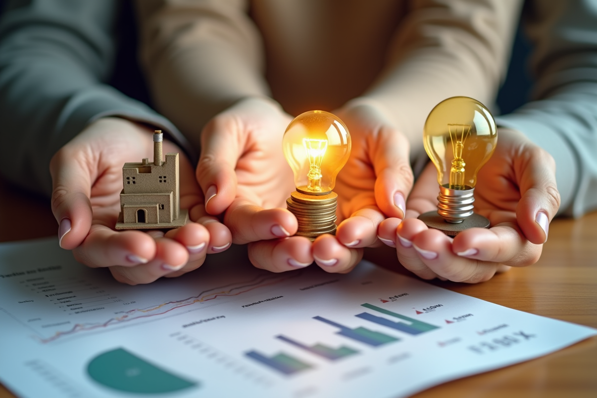 Trois mains tenant une usine une pièce et une ampoule sur un bureau lumineux