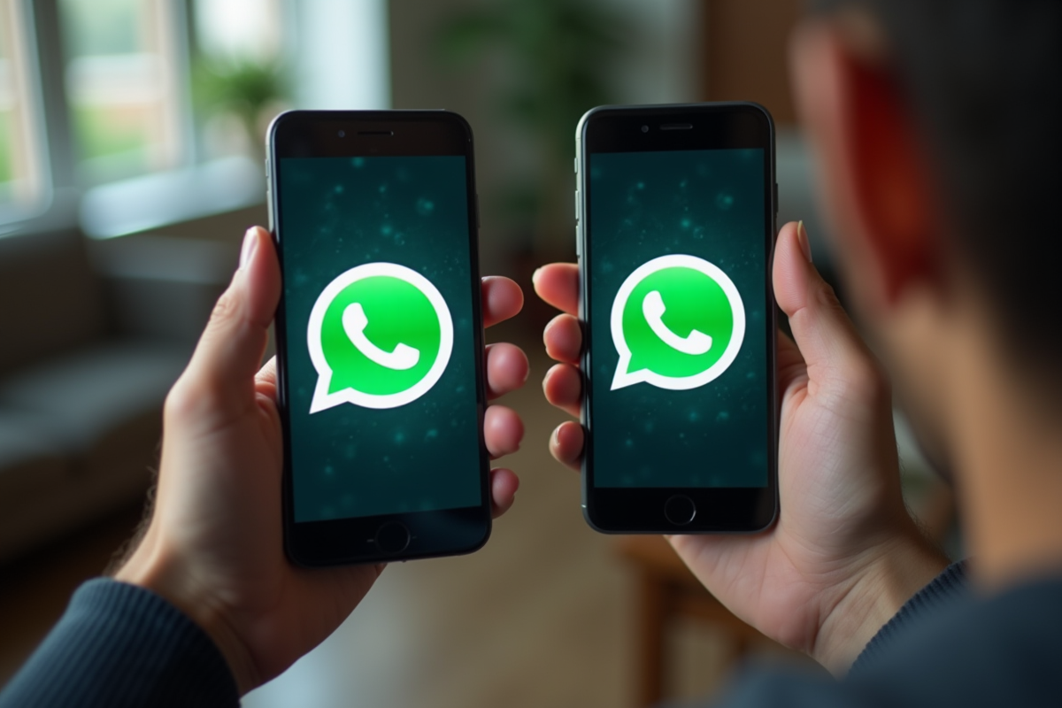 Mains tenant deux smartphones avec logos WhatsApp visibles