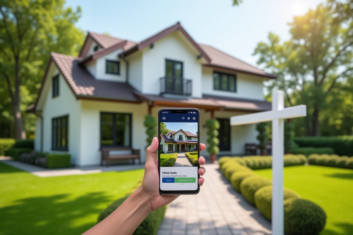 Maison avec jardin et panneau vente avec smartphone affichant une estimation